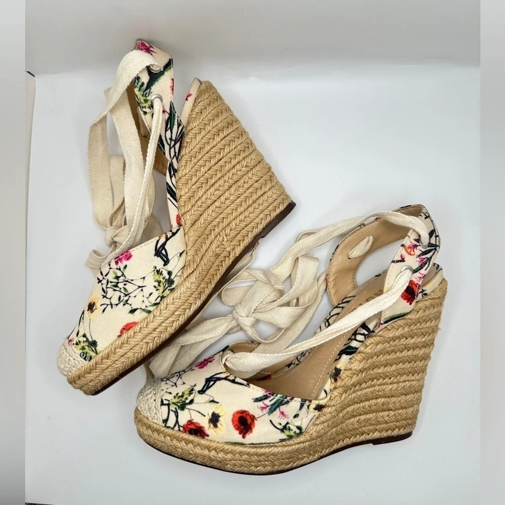 Schutz Multi Floral Tie Up Ankle Wrap Rounded Espadrille Wedge Sz 5.5/EUR 36
